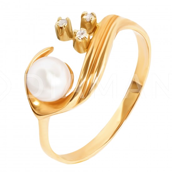 Золотой комплект, кольцо и серьги с жемчугом и цирконием, арт. 100421.03.03