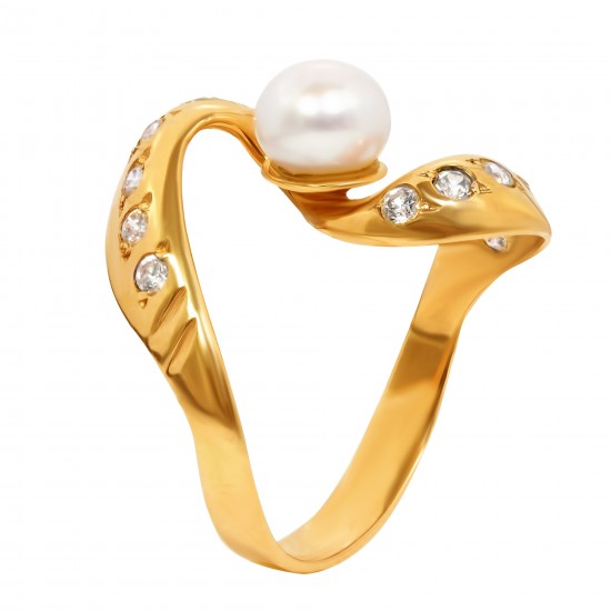 Золотой комплект, кольцо и серьги с жемчугом и цирконием, арт. 100421.03.05 