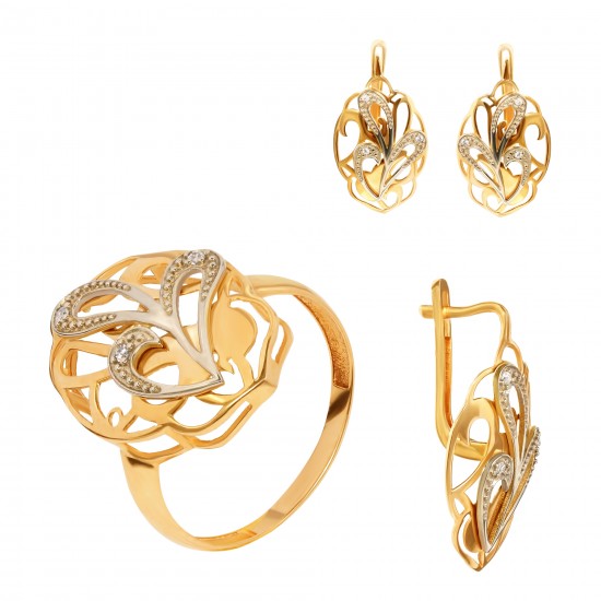 Золотой комплект, кольцо и серьги с цирконием, арт. 100421.03.08