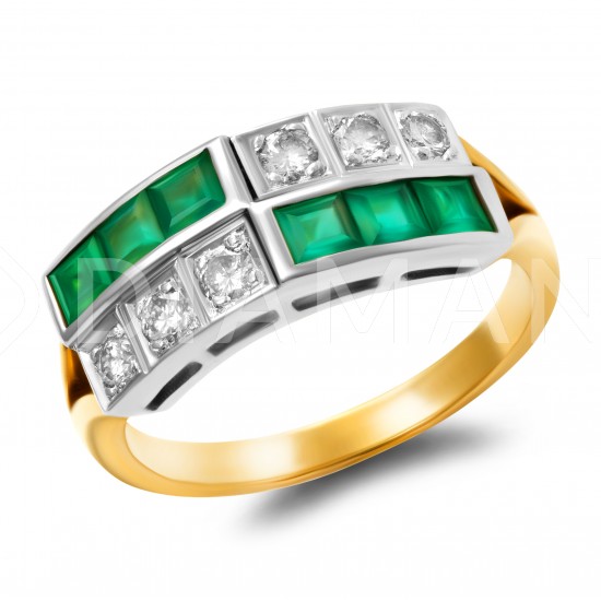 Золотое кольцо с зелёный изумрудом и бриллиантом арт. 141021.07.04