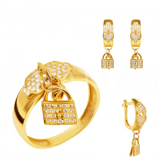 Золотой комплект, кольцо и серьги, арт. 160621.04.17