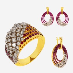 Золотой комплект, кольцо и серьги с рубином и бриллиантом, арт. 210421.04.04