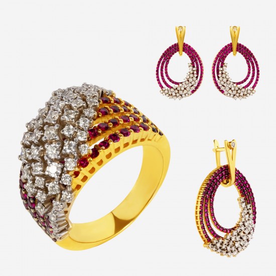 Золотой комплект, кольцо и серьги с рубином и бриллиантом, арт. 210421.04.04