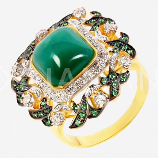 Золотой комплект, кольцо и серьги с хризолитом и бриллиантом, арт. 210421.04.06