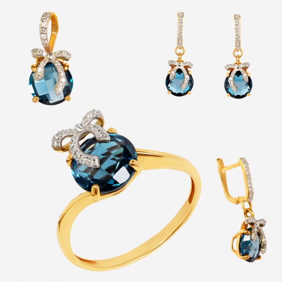 Золотой комплект, кольцо и серьги с голубым топазом и бриллиантом, арт. 210421.04.10