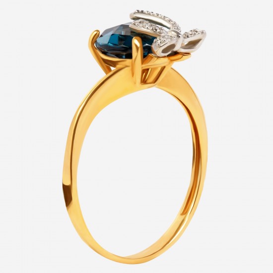 Золотой комплект, кольцо и серьги с голубым топазом и бриллиантом, арт. 210421.04.10