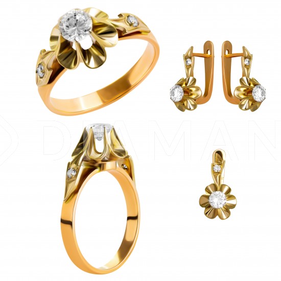 Золотой комплект, кольцо и серьги, арт. 210821.07.06