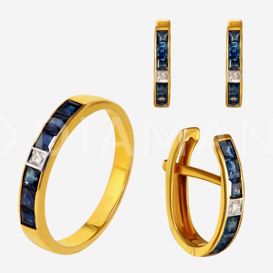 Золотой комплект, кольцо и серьги с сапфиром, арт. 300321.03.08