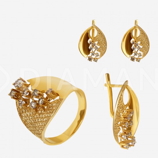 Золотой комплект, кольцо и серьги с бриллиантом, арт. 300321.03.10